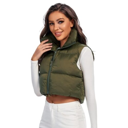 Parka Puffer Corta Mujer Sin Mangas Color Verde Oscuro