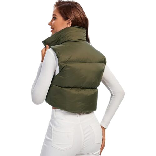 Parka Puffer Corta Mujer Sin Mangas Color Verde Oscuro